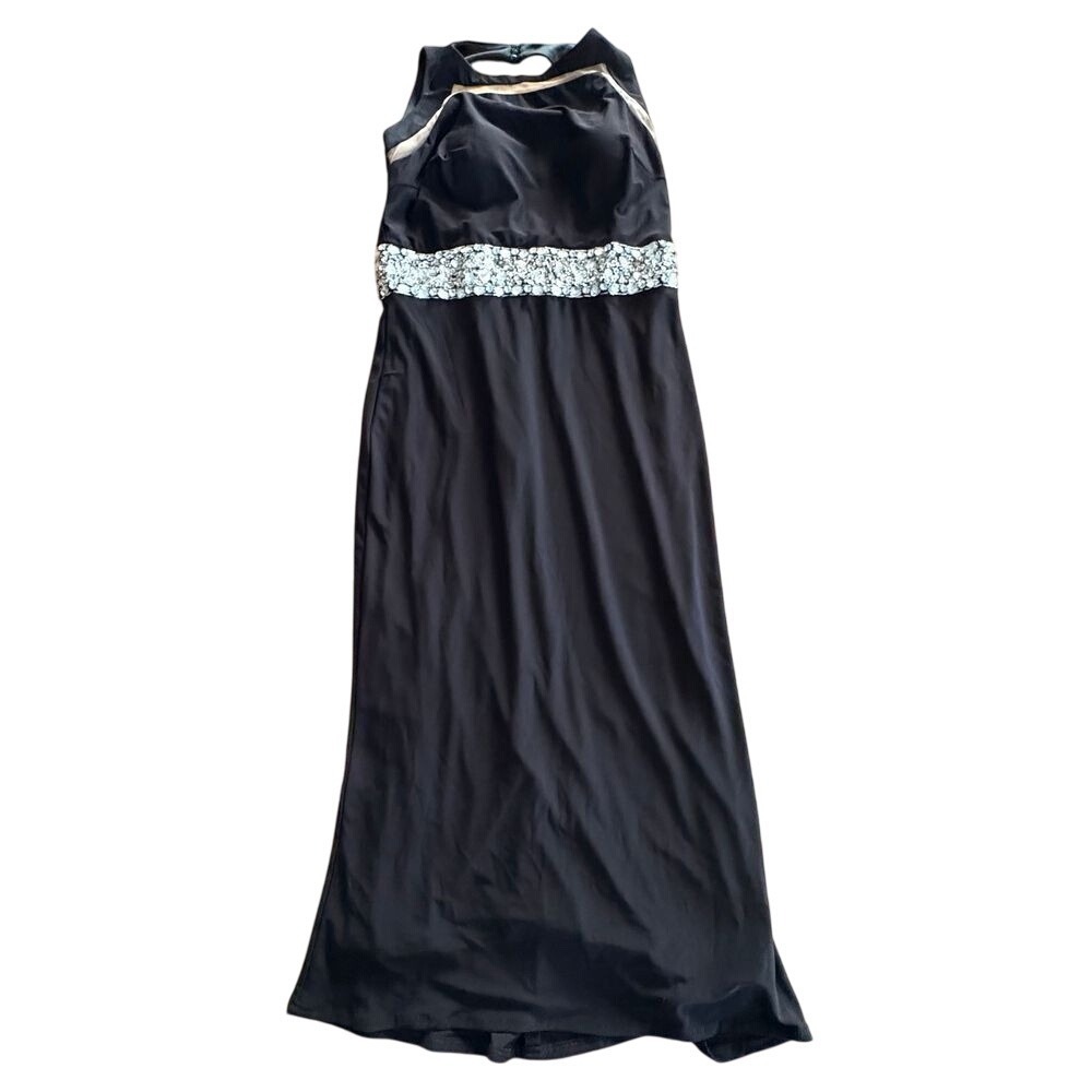 MAC DUGGAL Designer Black Evening Gown, Crystal & Sequin Waist Formal Dress SZ 6
